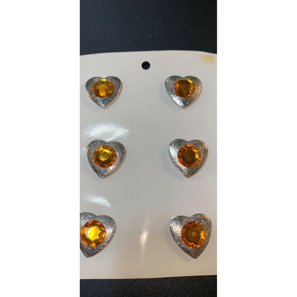 Vintage Southwestern Silver Tone Heart Concho Button Covers W Amber Rhinestone